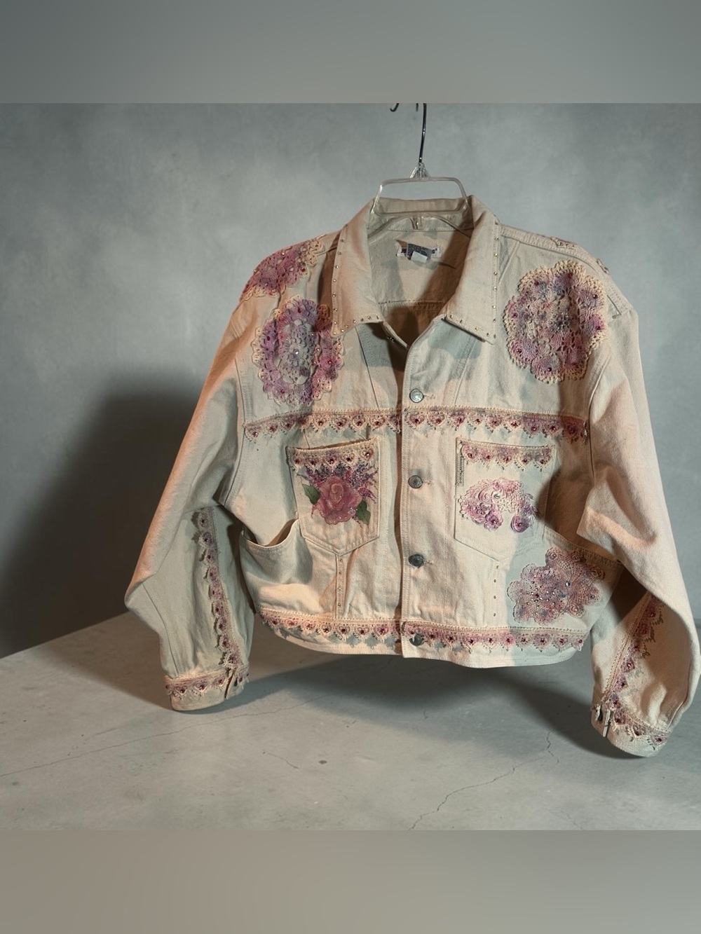 Jordache Studio Vintage Embellished Denim Jacket with Pink Floral Appliqué